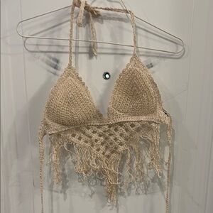 Crochet Fringe Crop Top - Tan